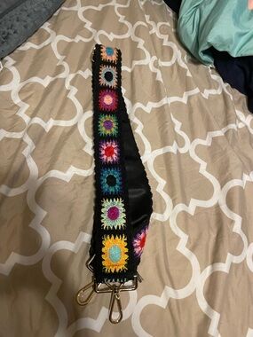 Black Crossbody Strap with Multicolor Crochet Squares
